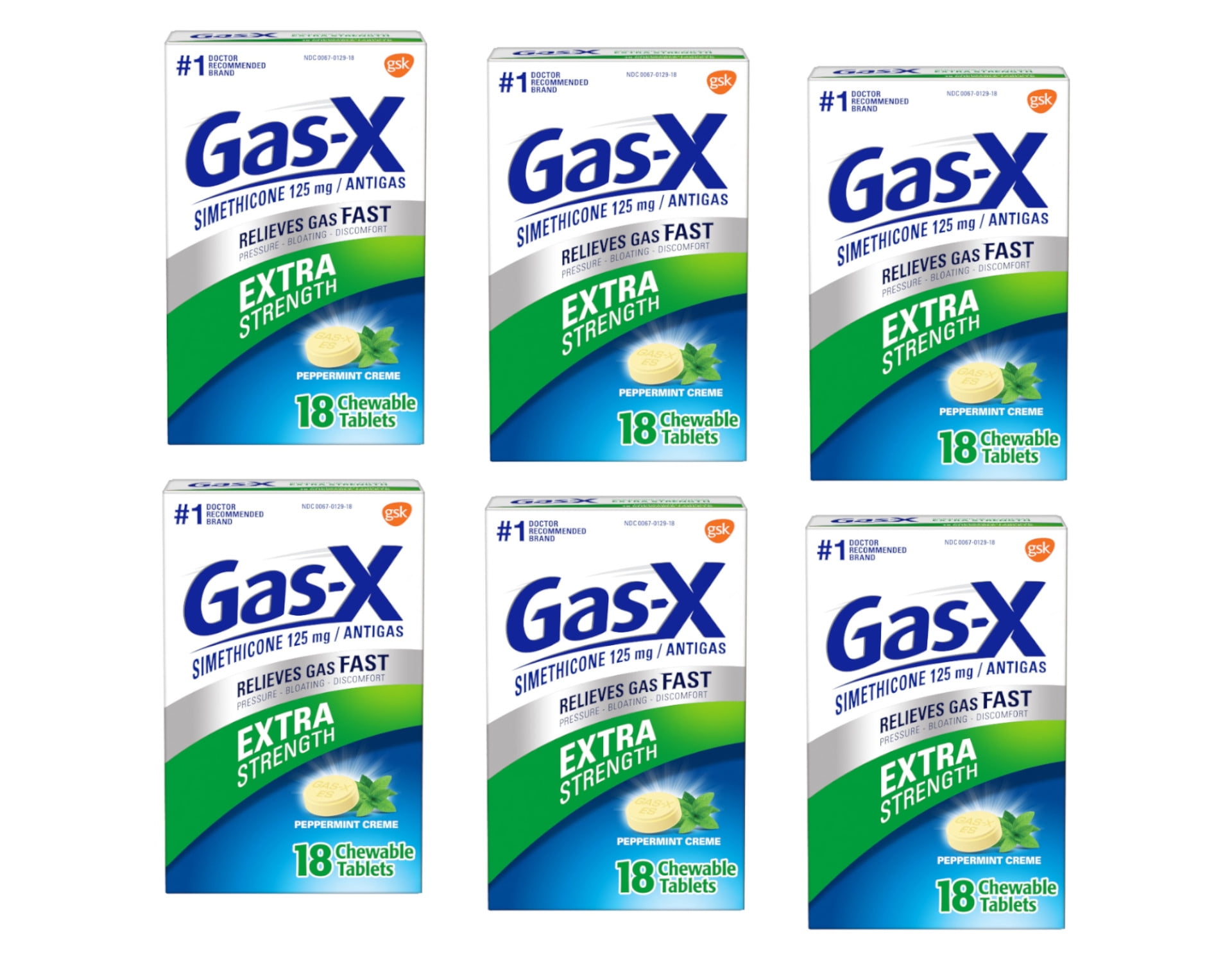 6 Pack GasX Chewables Extra Strength Peppermint Creme 18 Tablets