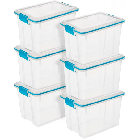 6 Pack Gasket Box, Stackable Storage Bin with Latching Lid, 20 Quart