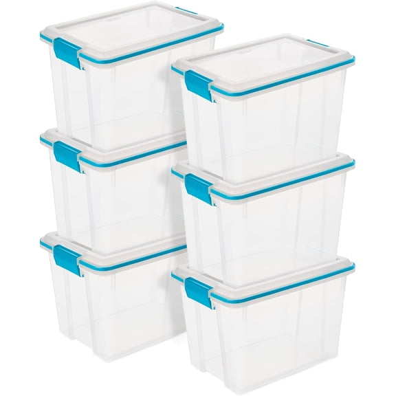 6-Pack Gasket Box, Weather-Resistant Storage Bins with Latching Lids, 20 Quart - Heavy-Duty Organizing Containers for Closet, Bathroom, and Office
