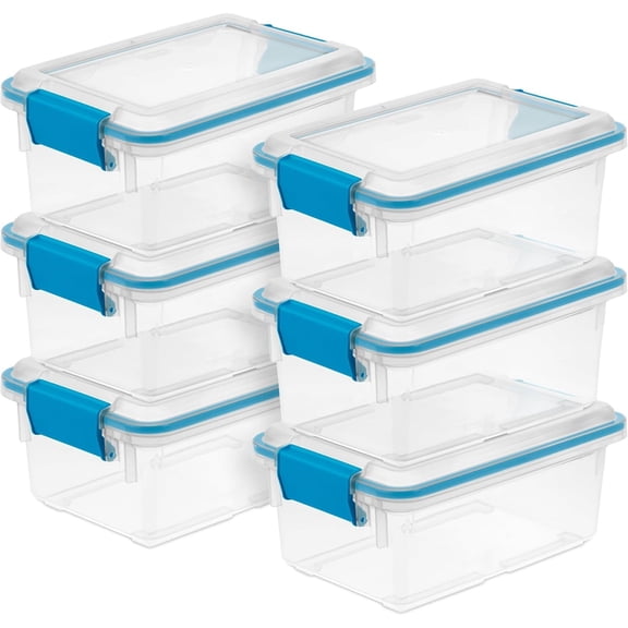 6-Pack Gasket Box, Weather-Resistant Storage Bins with Latching Lids, 7.5 Quart - Heavy-Duty Organizing Containers for Closet, Bathroom, and Office
