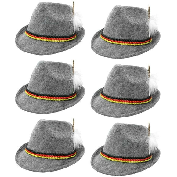6 Pack German Alpine Oktoberfest Hat With Feather, Gray, One Size