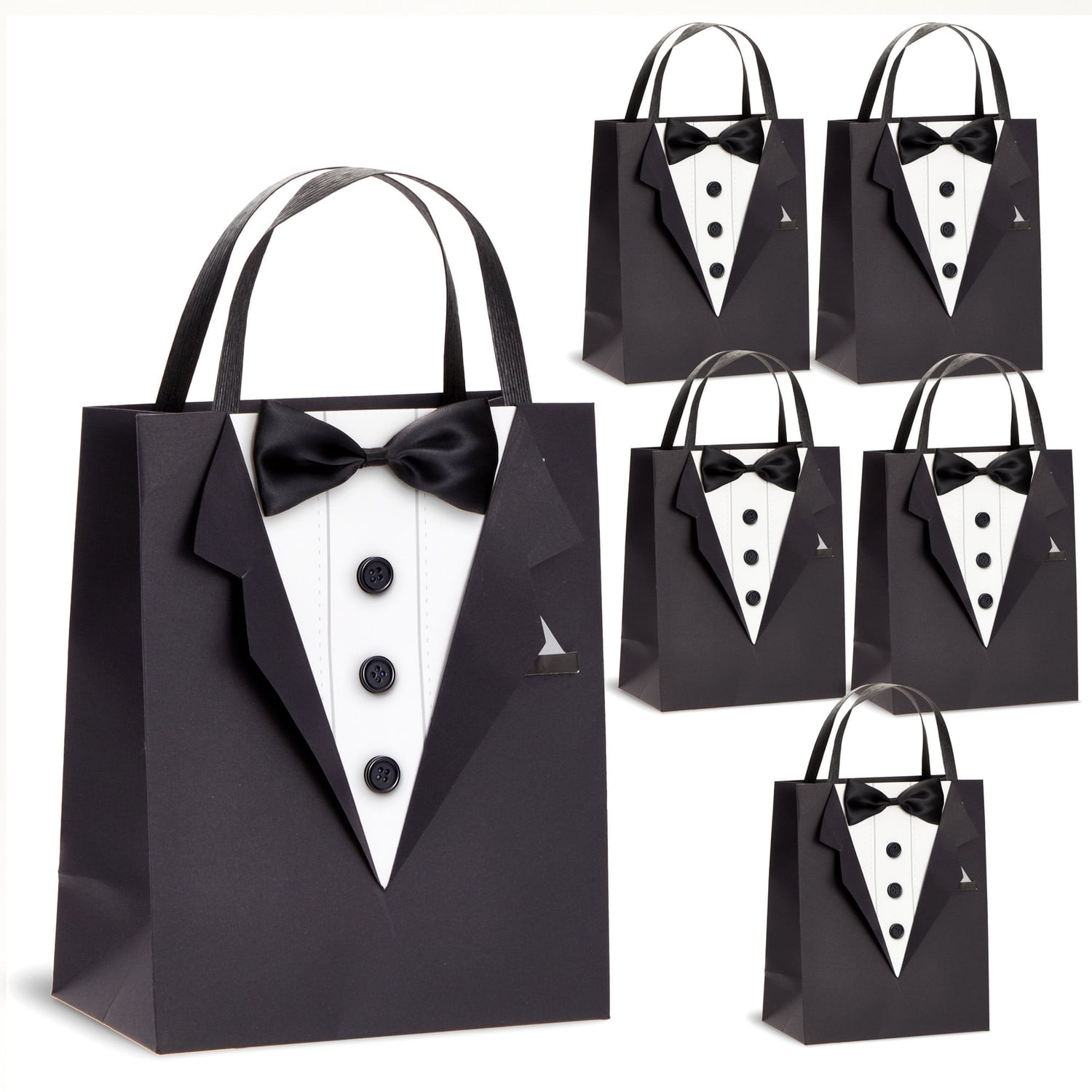 SPARKLE AND BASH 6 Pack Gift Bags with 3D Tuxedo Design, Satin Bow Tie, Real Buttons for Wedding Groomsmen Gifts for Bachelor Birthday, Bachelor Party Gift Favors Celebration (Black, 8 x 4.5 x 10 Inches)