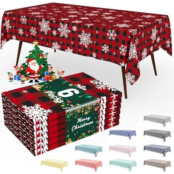 6 Pack Gingham Disposable Table Cloth, 54 x 108 Inch Waterproof Plastic Tablecloth, Rectangle Red Checkered Snowflake Table Covers for Christmas, Birthday, Party, Banquet
