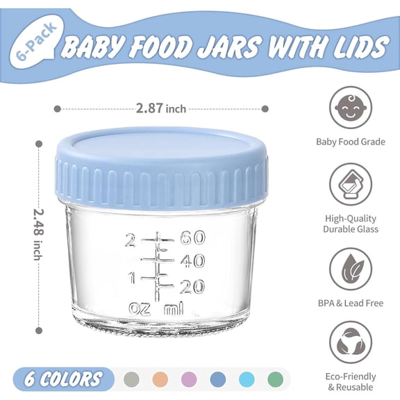 6 Pack Glass Baby Food Storage Containers - 4 Oz Baby Food Jars with Lids Baby Food Maker Microwave Dishwasher Freezer Safe 100% Leak Proof BPA Free Reusable