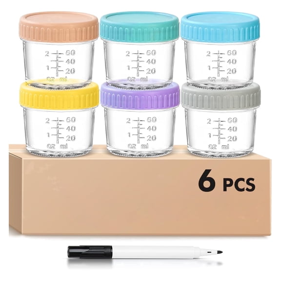 DQQKMM 6 Pack Glass Baby Food Storage Containers, 4oz/120ml Glass Baby Food Jars with Airtight Lids, Small Containers Freezer Storage with Airtight Lids Leak Proof for Baby Food