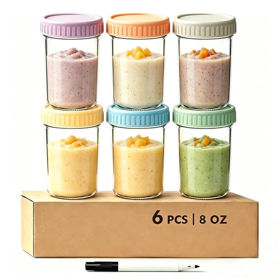 DQQKMM 6 Pack Glass Baby Food Storage Containers, 8oz/236ml Glass Baby Food Jars with Airtight Lids, Small Containers Freezer Storage with Airtight Lids Leak Proof for Baby Food
