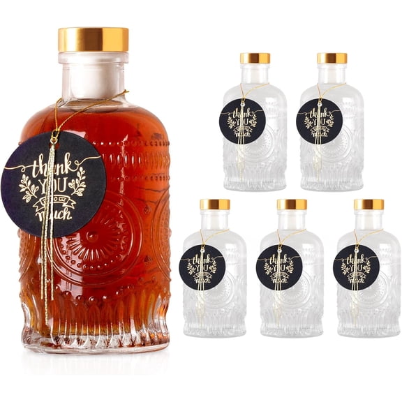 6 Pack Glass Bottles with Lids - 6 oz Liquor Bottles with Gift Labels & Decorations for Oil Vinegar Kombucha Whiskey Wine Beverages Drinks Beer Water Soda with T-Top Cork Cap