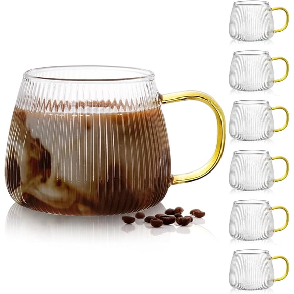 6 Pack Glass Coffee Mugs, 16 OZ  Vertical Stripes Coffee Cup, Clear Large  Glasses with Handle,  Transparent Glassware for Hot/Cold Beverages, Cappuccino, Latte, Espresso, Juice