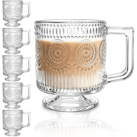 6 Pack Glass Coffee Mugs, 8 OZ Footed Irish  Cup with Handle, Embossed Floral Latte Cappuccino Mug, Clear Romantic Glassware for , Espresso, Smoothie, , Cold Drinks