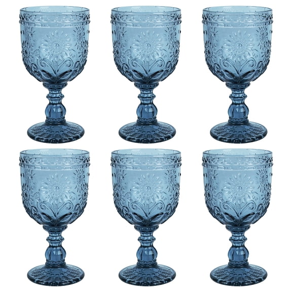 6 pack Glass Cups 300ml, Thickened Tumblers Set with Sunflower & Beaded Texture - Clear, Blue, Green, Dishwasher Safe for Iced Coffee, Juice, Beer, Home, Party, Restaurant(Sunflower Blue)