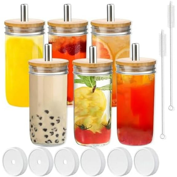 6 Pack Glass Cups with Lids and Straws, 24 oz Mason Jar Smoothie Cup Aesthetic Cute Glass Tumbler Coffee Beer Can Cups Boba Cup for Bubble Tea, Juice, Gift$$Home Decor, Kitchen, & Other