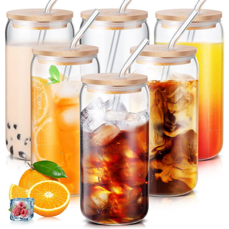 6 Pack Glass Cups Set - Glass Cups with Bamboo Lids and Glass