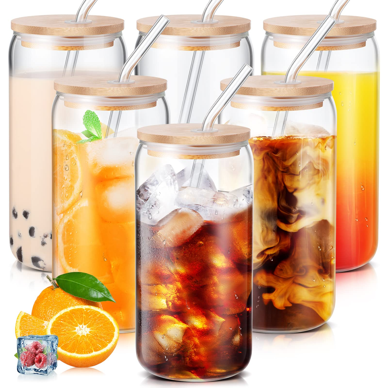 Joyclub 20-Pack Reusable Glass Cups With Bamboo Lids & Straws - 16oz Can Shape, For Iced Coffee, Boba, Cocktails