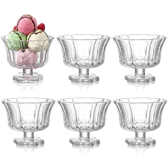 6 Pack Glass Dessert Bowls, 8 Oz Vintage Footed Ice Cream Cups for Sundae, Sorbet, Yogurt, Pudding, Fruit, Snack, Parfait, Party, Holiday Serving, Home, Kitchen, Flower Petal Style$$