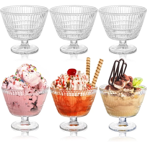 6 Pack Glass Dessert Bowls Set, 10.8 Oz Vintage Ice Cream Cups with Pedestal, Fluted Sundae Dishes Pudding Footed Bowl for Ice Cream, Dessert, Parfait, Candy, Fruit