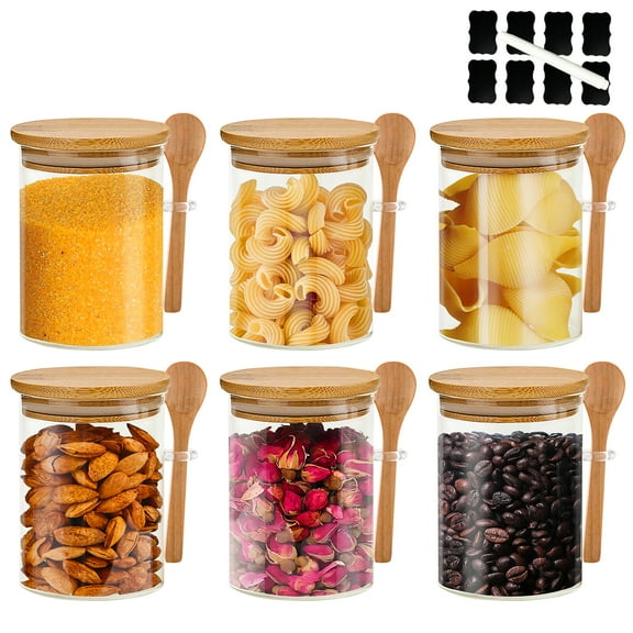 6-Pack Glass Food Storage Jar 18.2 oz,100% Sealed Borosilicate Glass Bamboo Glass Jars with Bamboo Lid and Bamboo Spoon for Candy, Spices, Coffee Beans, Nuts, Condiments, Cookies, Flour,Tea