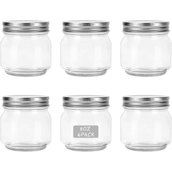 6 Pack Glass Regular Mouth Mason Jars, 8 oz Clear Glass Jars with Lids for Sealing, Canning Jars for Food Storage, Overnight Oats, Dry Food, Snacks, Candies, Jam, Honey