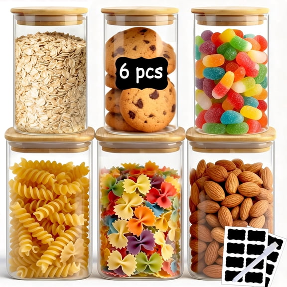 6 Pack Glass Storage Jars Set, 23oz & 37oz Clear Glass Food Storage Containers with Airtight Bamboo Lid, Stackable Kitchen Canisters for Candy, Cookie, Flour, Pasta, Nuts & Spice ( Labels + Marker)