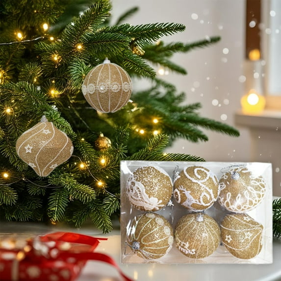 6 Pack Glitter Christmas Ornaments Set - 8CM Shiny Gold Balls for Tree Decorations, DIY Festive Hanging Decorations, Holiday Party Supplies, Christmas Tree Accessories