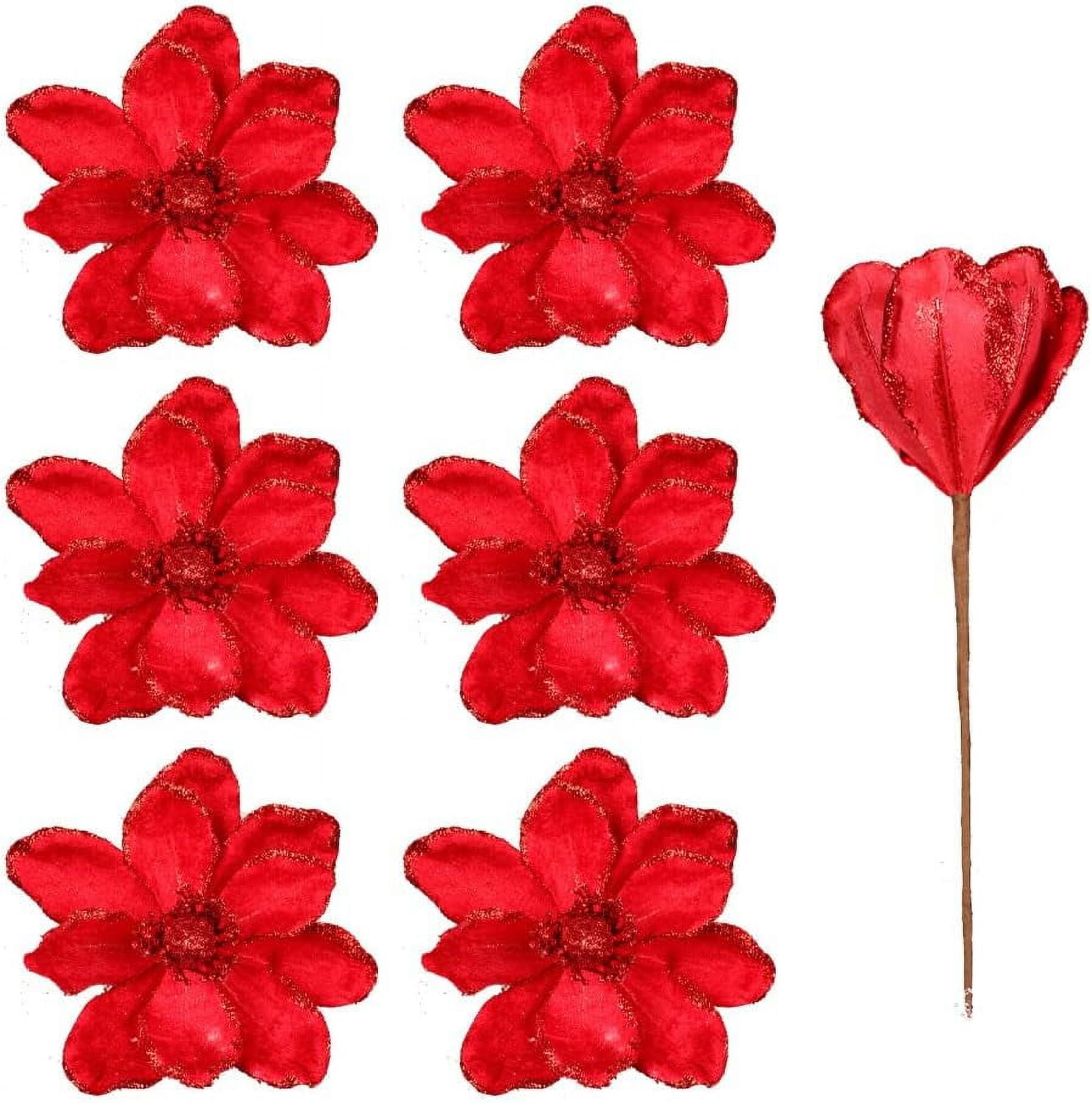 6 Pack Glitter Poinsettia Flowers Picks Christmas Tree Flowers Ornament