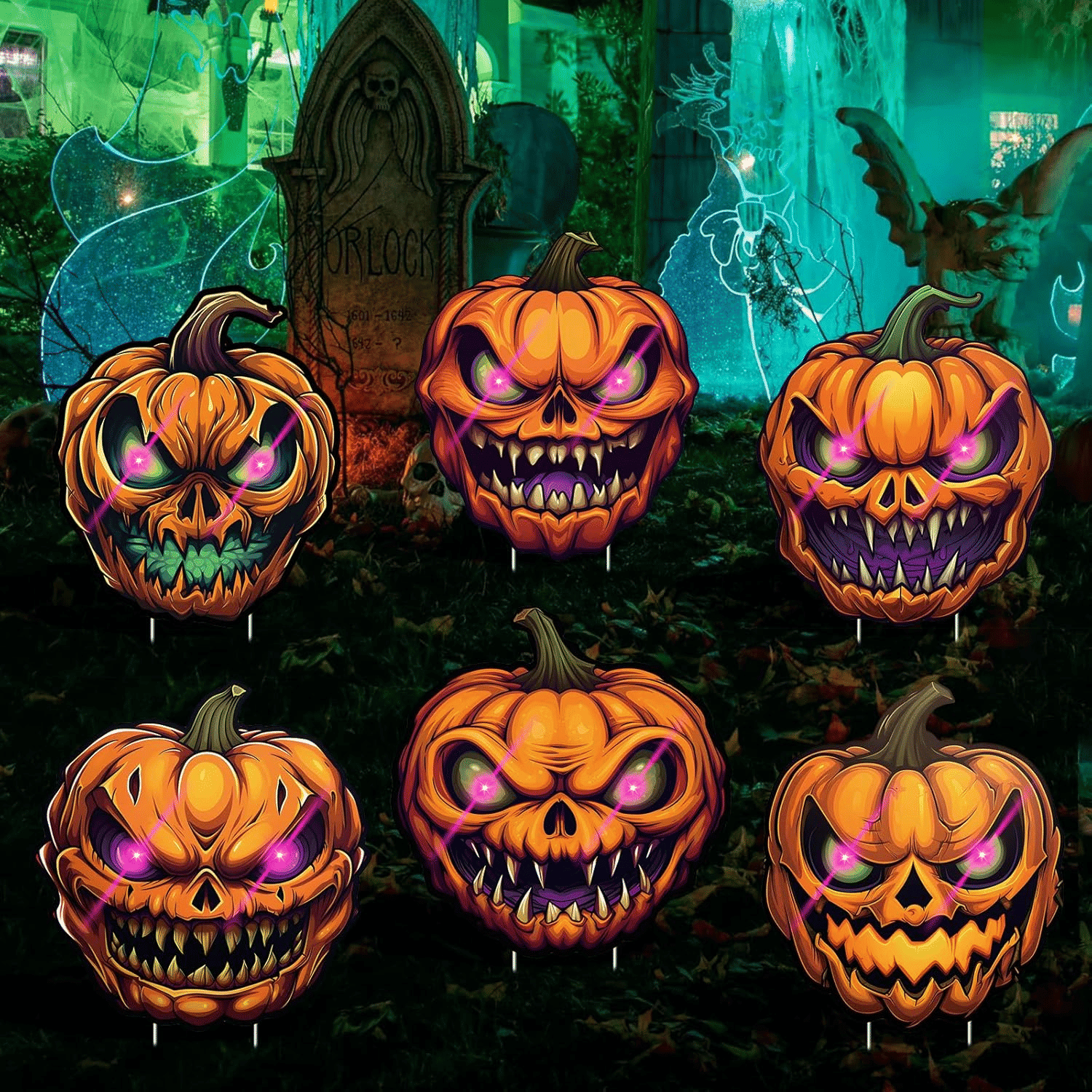 6 Pack Glow-in-the-Dark Pumpkin Yard Signs for Outdoor Halloween Lawn Decor