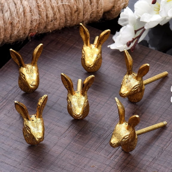 6 Pack Gold Aluminium Rabbit Knobs for Kids Dresser and Nursery Drawers Cute Bunny Decorative Cabinet Handles Easter Decor