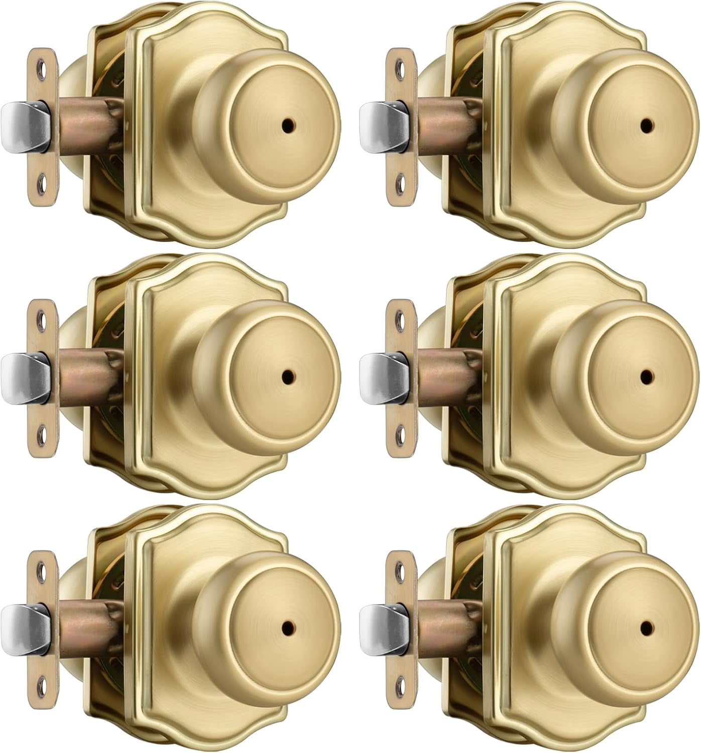 6 Pack Gold Door Knobs with Camelot Trim,Interior Door Knob with Lock,Coastal Privacy Door knob for Bath and Bedroom, Satin Brass