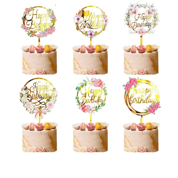 6 Pack Gold Flower Acrylic Cake Toppers for Birthday, Wedding, Anniversary