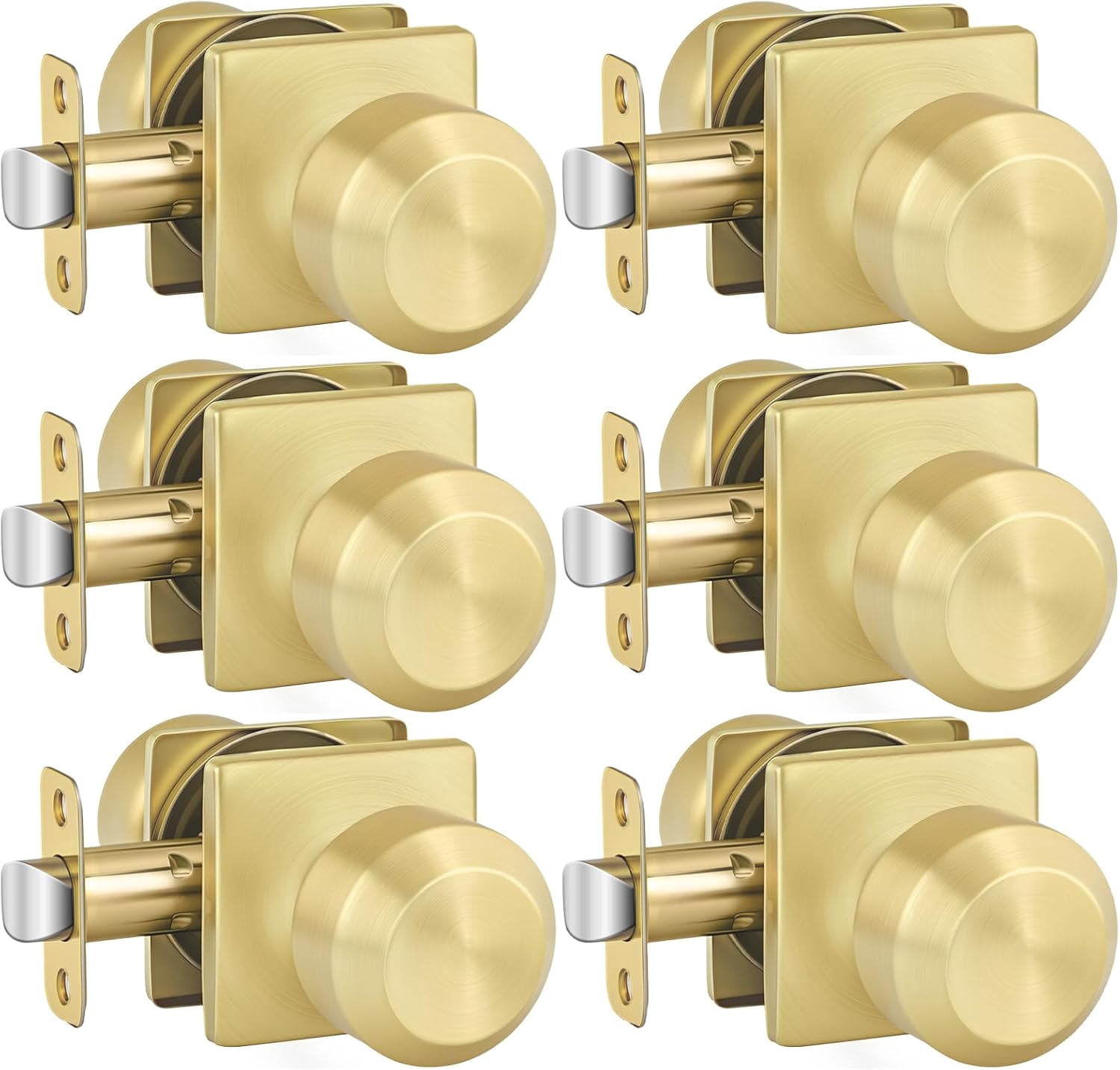 6 Pack Gold Interior Door Knobs, Passage Door Knobs for Closet and Hallways Keyless Non-Locking Doorknob Square Panel