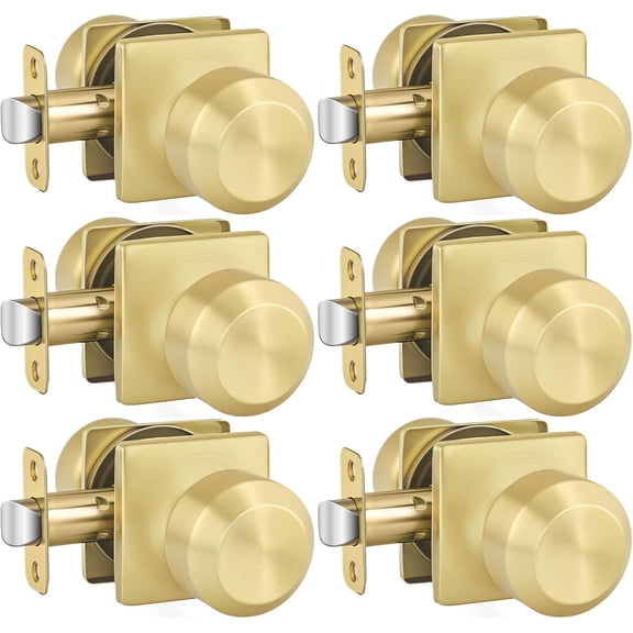 6 Pack Gold Interior Door Knobs, Passage Door Knobs for Closet and Hallways Keyless Non-Locking Doorknob Square Panel