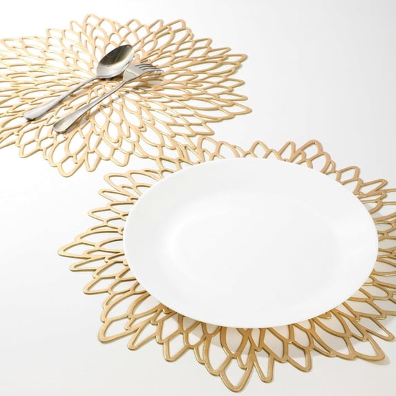 6-Pack Gold PVC Placemats ,Reversible Hollow out Design Table Chargers for Dining Table Settings (15inch)