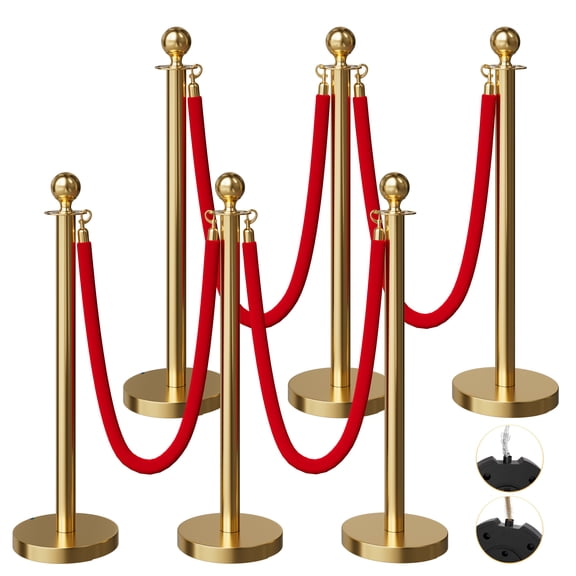 6 Pack Gold Stanchions with 4 x 5FT Red Velvet Ropes, Stainless Steel Crowd Control Barrier Queue Poles for Wedding, Party, Event and Business
