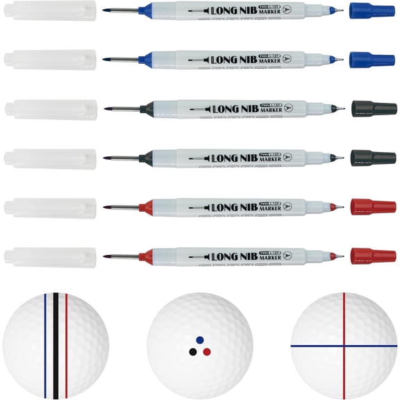 6 Pack, Golf Ball Aignment Lines Integrated Permanent Markers, Dual-Tip Permanent Markers, Double Side Nib, Waterproof, Fast-Drying, Anti-Fading, 2 Black 2 Blue 2 Red with Carrying Case