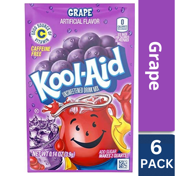 6 Pack Grape Kool-Aid Unsweetened Delicious  Artificially Flavored Powdered Drink Mix, 0.14 oz. FREE BONUS SAMPLER INCLUDED WITH THIS OFFER