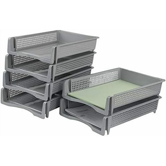 6-Pack Gray Plastic Stackable Paper Letter Tray, Stacking Document Trays$$Office
