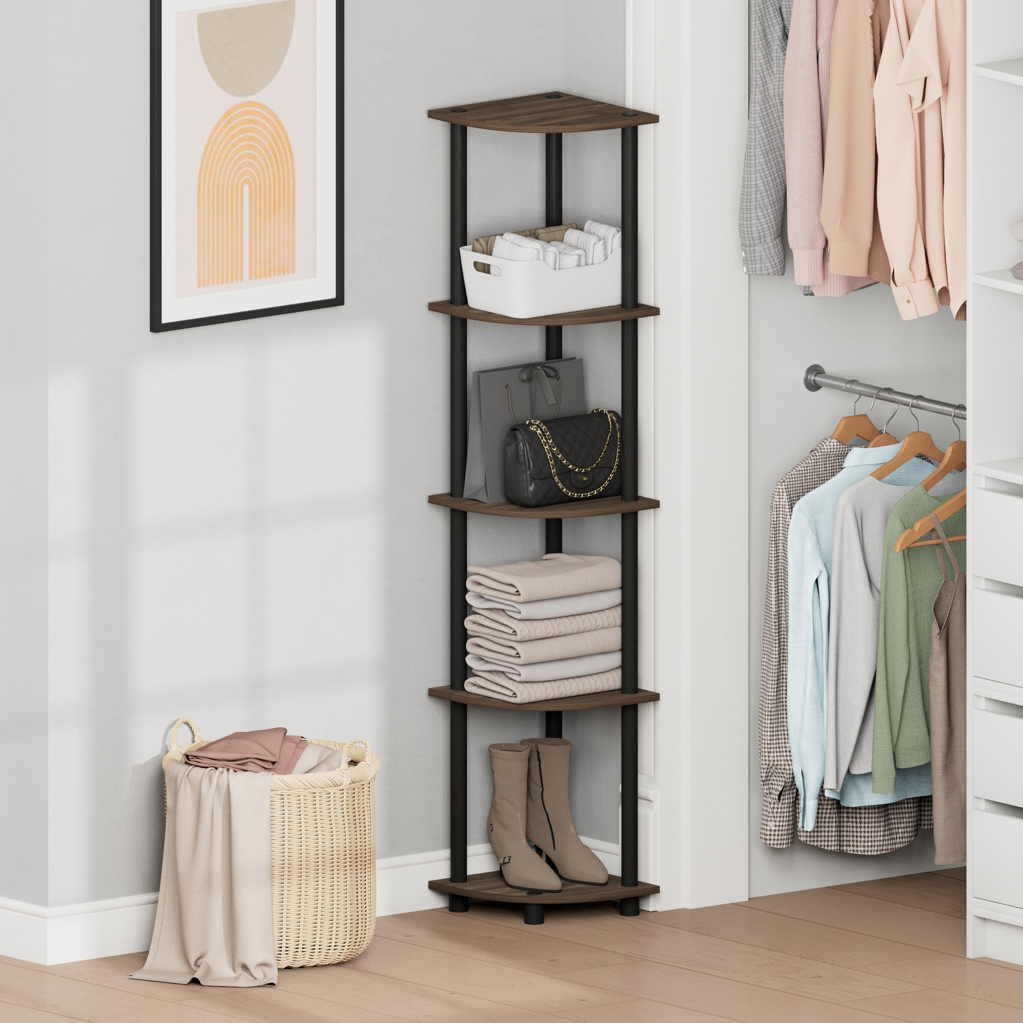Furinno Turn-N-Tube Toolless Assembly 5-Tier Closet Corner Shelf, White Closet Organizer, Corner Shelf Closet Organizers and Storage, for Wardrobe, Living Room, Dark Brown Grain