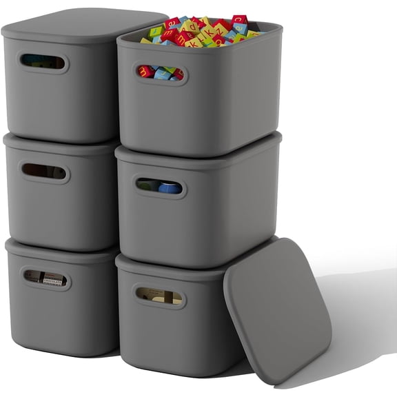 6 Pack Grey Stackable Storage Bins with Lids and Handles, 9.85x6.9x5.7 ...