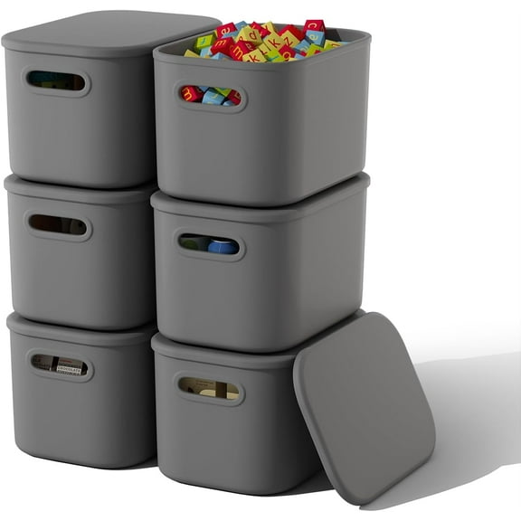 6 Pack Grey Storage Bins with Lids Stackable Storage Container for Organizing, Storage Boxes with Handle for Shelves, Cute Organizer Bins for Craft, Snacks, 9.85x6.9x5.7 inch