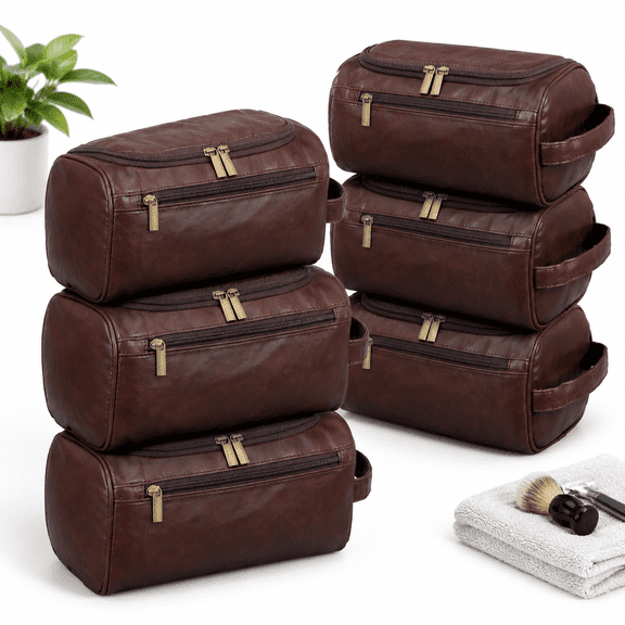 6 Pack Groomsmen Toiletry Bags - Pu Leather Travel Shaving Kit With Hook Wedding Proposal Gift Set For Men Father Man (dark Brown