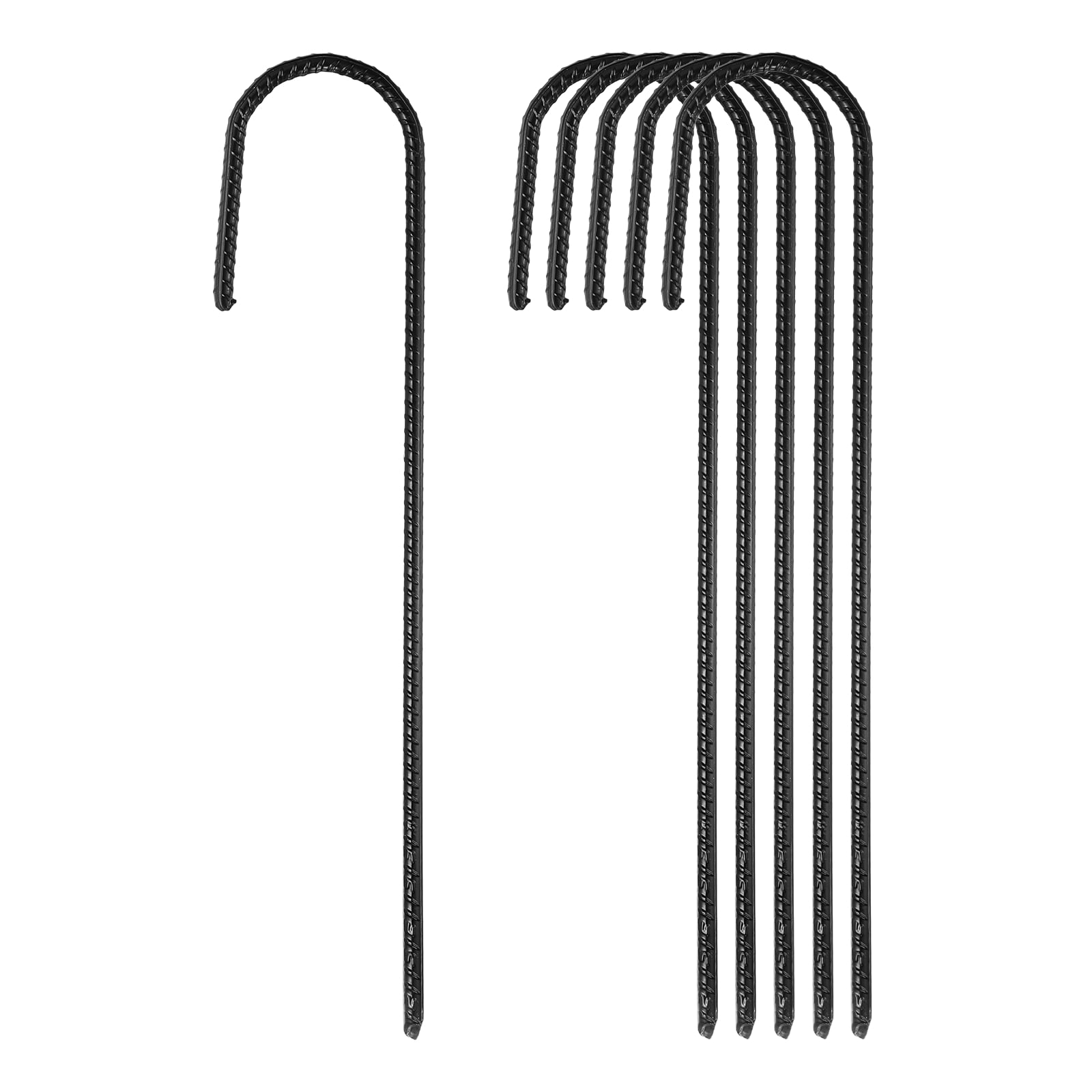 6 Pack Ground Stakes Heavy Duty J Shaped Stakes, 12 Inch Steel Tent Pegs 0.24" Dia J Hook Ground Anchors Link Fence Spikes with Chisel Point End for Garden Camping Gazebo, Black