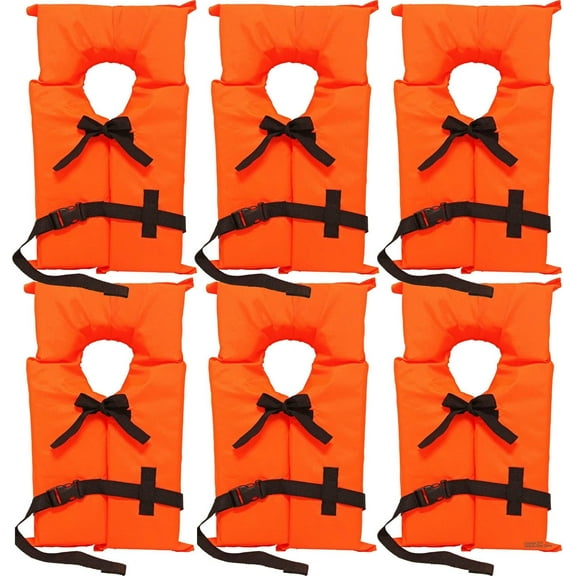 6 Pack Guard Approved Life Jackets for Adults. High Visibility Color Type II Keyhole Life Vest in Classic May West Style. Compliance Flotation Device