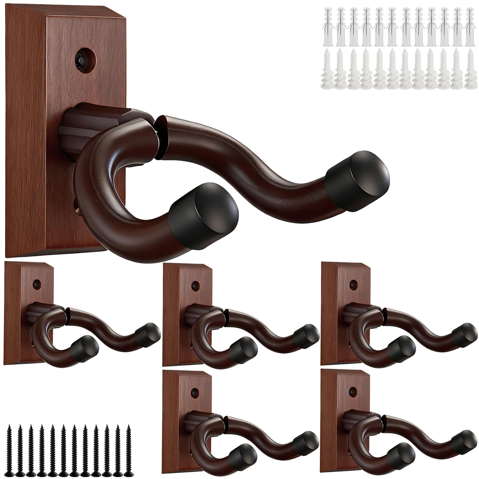 6 Pack Guitar Brown Wall Mount  Solid Wood U-shaped Hanger For Acoustic Electric Banjo Bass - Holder Hook Stand Player