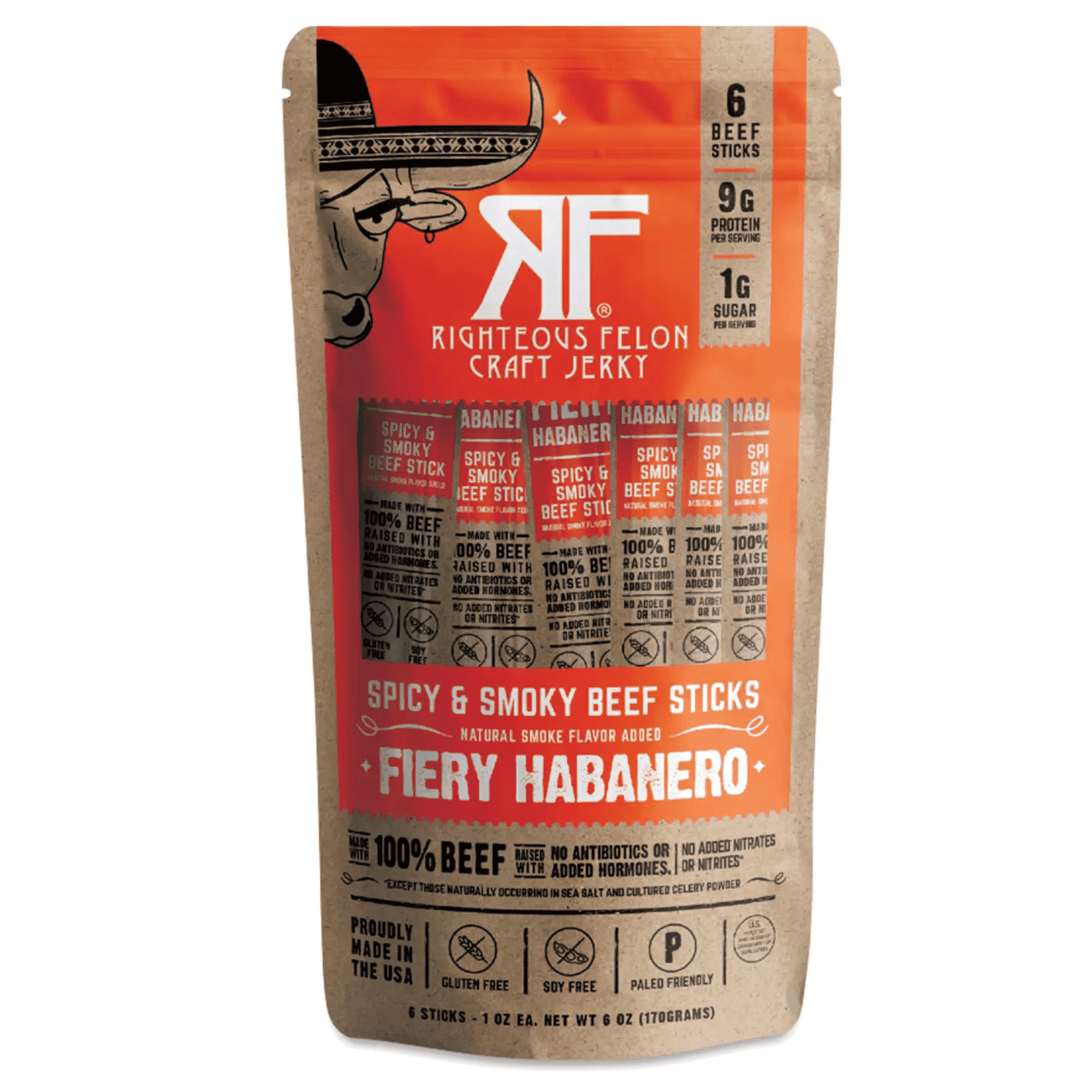 Righteous Felon Meat Sticks - Gluten Free & Keto Beef Sticks - Low Sugar & High Protein Snacks - Habanero Escobar, 6 Pack