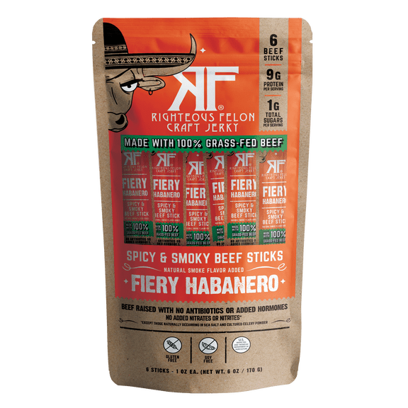 Righteous Felon Grass-Fed Meat Sticks - Low Sugar, High Protein Beef - Fiery Habanero, 6 pack
