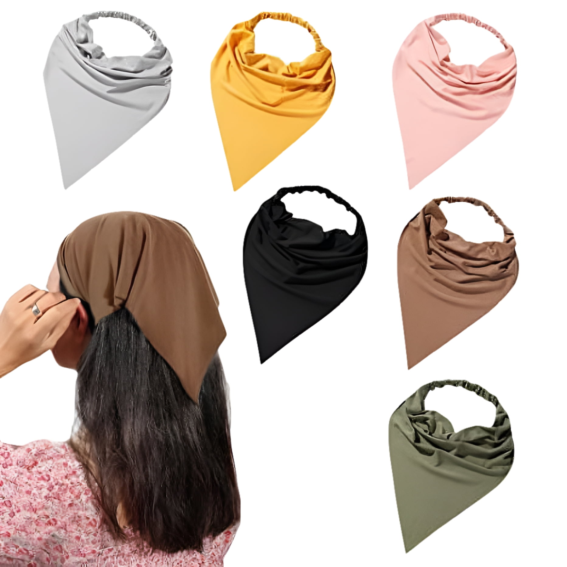 6 Pack Hair Scarf Headband for Women - Elastic Hair Kerchief Large Boho Triangle Bandana Head Scarf with Clips Non Slip Solid Color Headbands Hair Scarves for Teen Girls