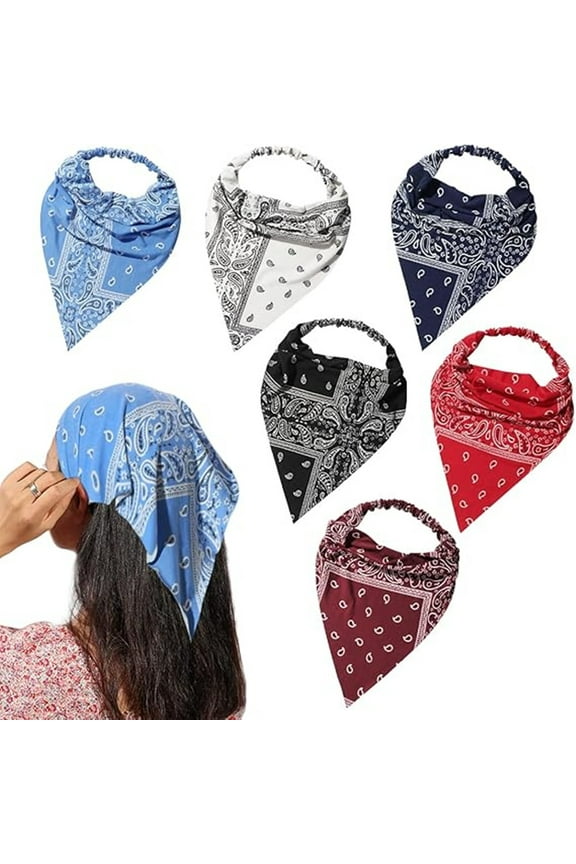 6 Pack Hair Scarf Headband for Women Elastic Bandana Head Scarf Large Boho Triangle Kerchief with Clips Non Slip Scarves