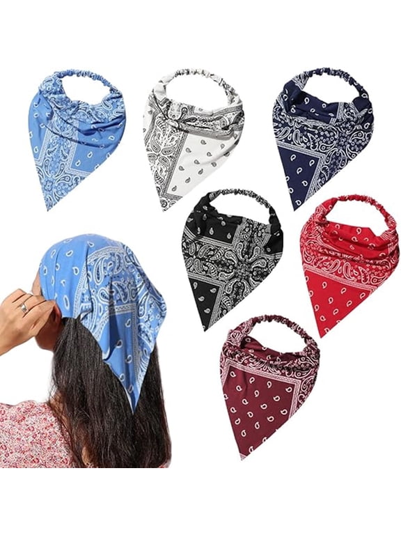 6 Pack Hair Scarf Headband for Women, Elastic Bandana Head Scarf Large Boho Triangle Kerchief