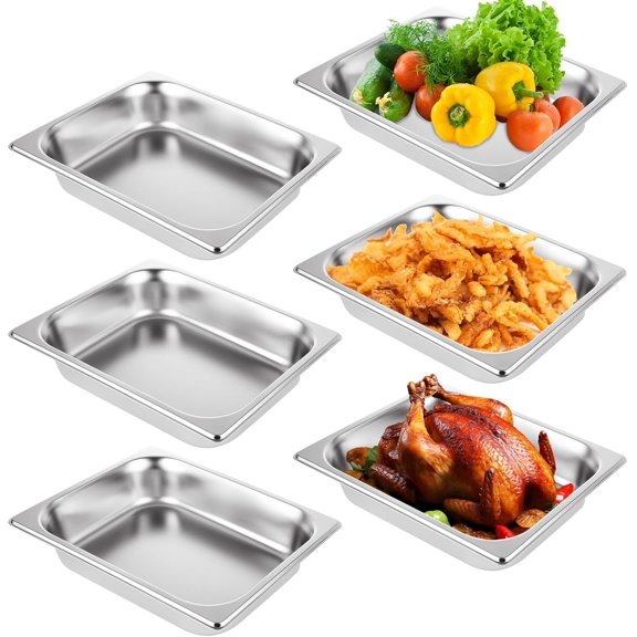 6 Pack Half Size Hotel Pans, 1/2 Inch 2.5 Inch Deep Stainless Steel Steam Table Pan, Commercial Food Pan for Chafing Dishes, Breading Trays for Hotel, Party, Buffet, Catering Supplies