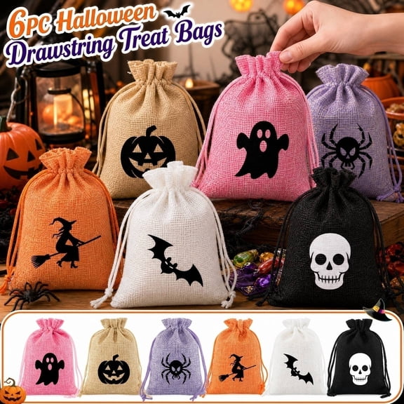 6 Pack Halloween Burlap Drawstring Bags, Spooky Themed Candy Treat Gift Sacks, Reusable Linen Pouches for Halloween Party Favor Trick or Treat Goodie Storage