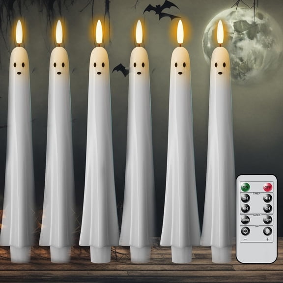 6 Pack Halloween Ghost Flameless Taper Candles with Remote & Timer, 3D Wick LED White, Battery Operated Wax-Like Finish Spooky Decor for Party Table Fireplace Window